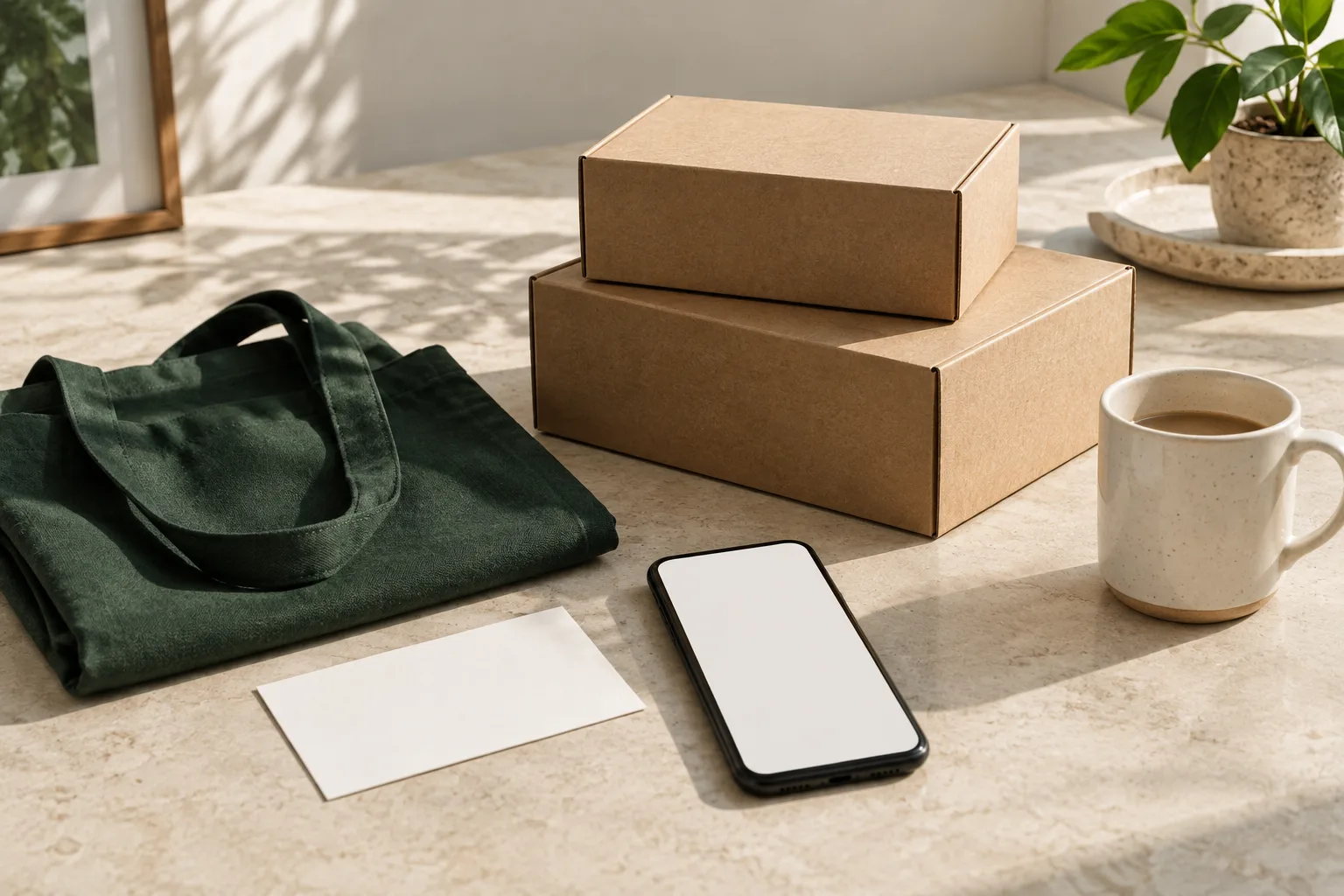 Parcels, a dark canvas bag and a phone on a sunlit table.